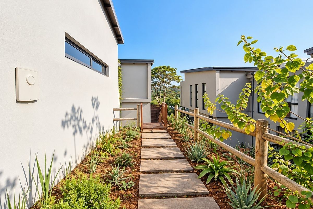 A well-maintained exterior pathway featuring stone pavers, timber fencing, and landscaped garden beds leading between modern townhouse structures.