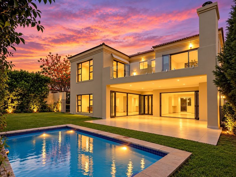 Stunning rear elevation featuring a modern swimming pool, expansive tiled patio, and seamless indoor-outdoor flow through large bi-fold doors at twilight.