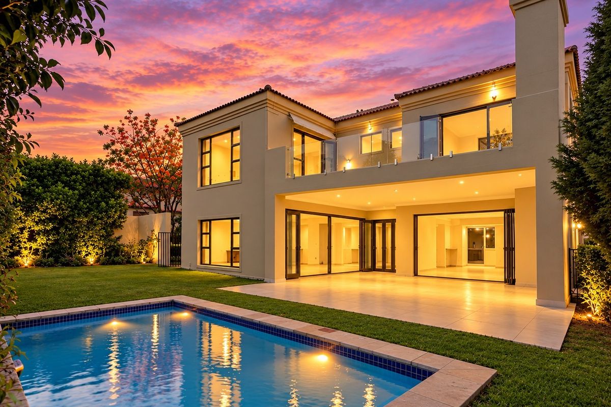 Stunning rear elevation featuring a modern swimming pool, expansive tiled patio, and seamless indoor-outdoor flow through large bi-fold doors at twilight.