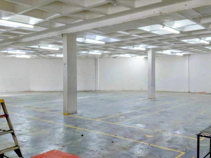 A large, open-plan industrial utility space featuring a waffle slab ceiling, concrete columns, and painted concrete flooring with marked bays.