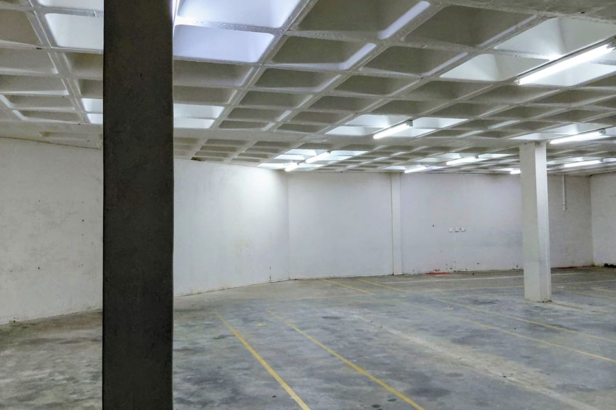 Spacious industrial utility area featuring a distinctive waffle slab ceiling, concrete flooring, and functional overhead fluorescent lighting, suitable for storage or workshop use.