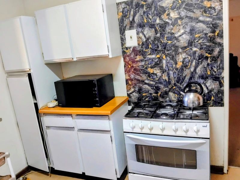 Compact kitchen area featuring white cabinetry, a gas stove with oven, and a decorative stone-look splashback.