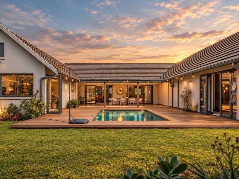 A beautifully maintained rear exterior featuring a swimming pool, expansive timber decking, and seamless indoor-outdoor flow through large sliding glass doors.