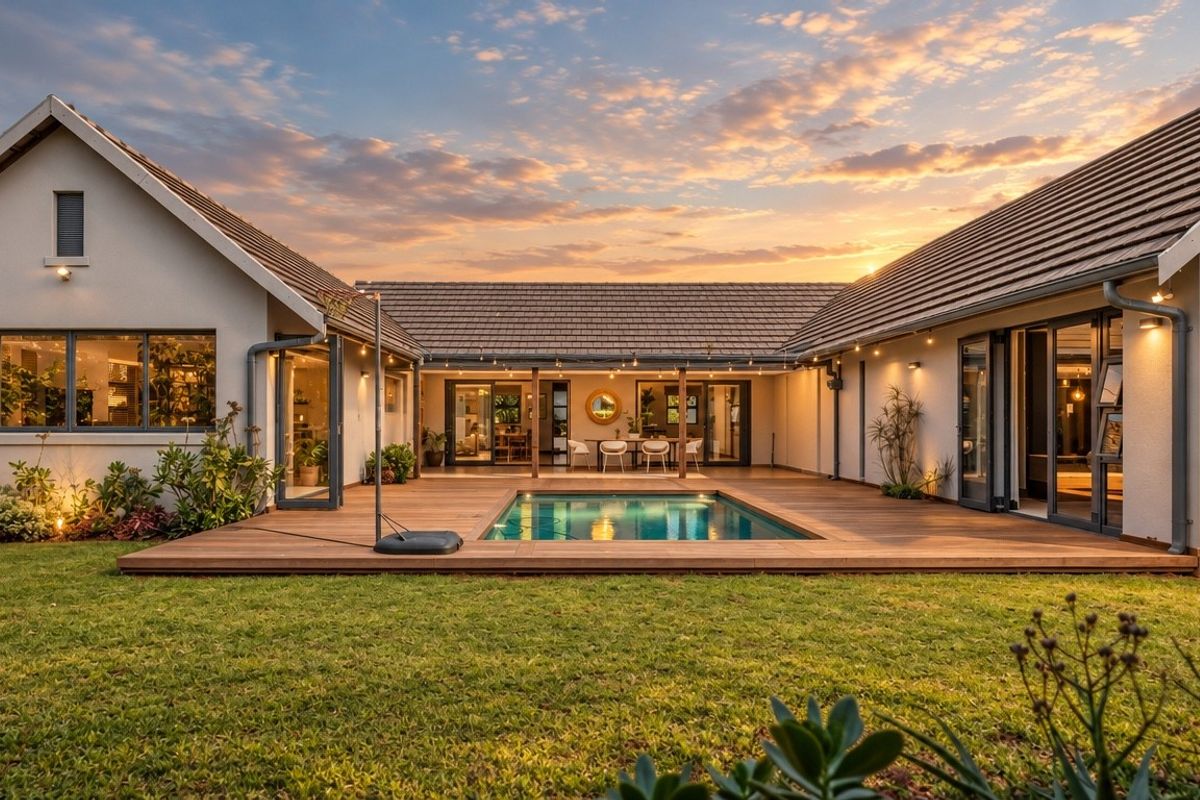 A beautifully maintained rear exterior featuring a swimming pool, expansive timber decking, and seamless indoor-outdoor flow through large sliding glass doors.