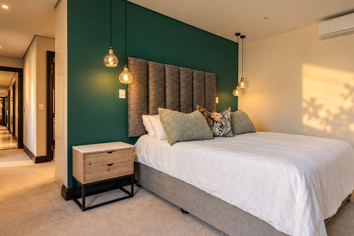 A well-appointed bedroom featuring a feature wall, integrated headboard, pendant lighting, and a wall-mounted air conditioning unit, leading into a hallway.