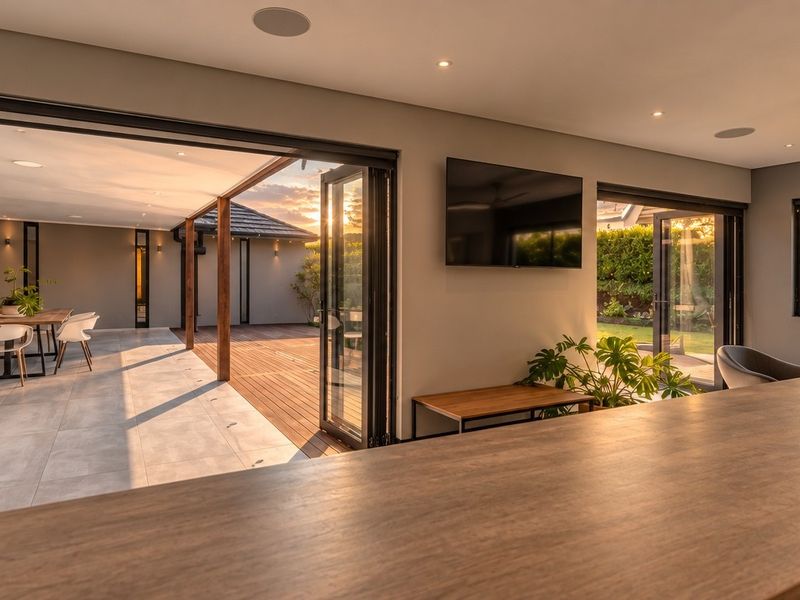 Spacious open-plan living area featuring seamless indoor-outdoor flow through large bi-fold doors onto a wooden deck, complemented by modern recessed lighting.
