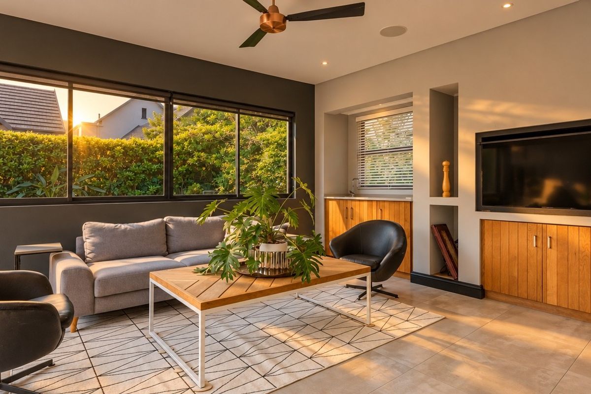 A modern, well-lit living room featuring built-in cabinetry, a media unit, tiled floors, and large windows overlooking a garden.