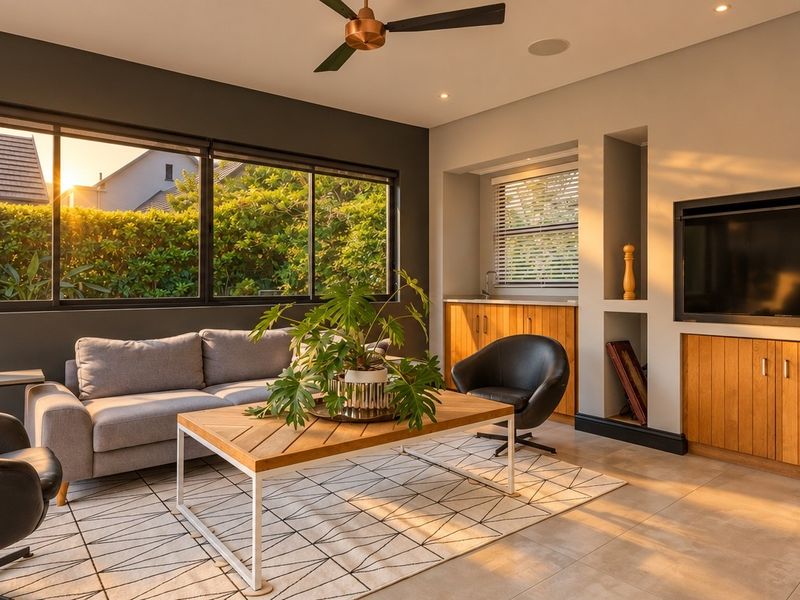 A modern, well-lit living room featuring built-in cabinetry, a media unit, tiled floors, and large windows overlooking a garden.