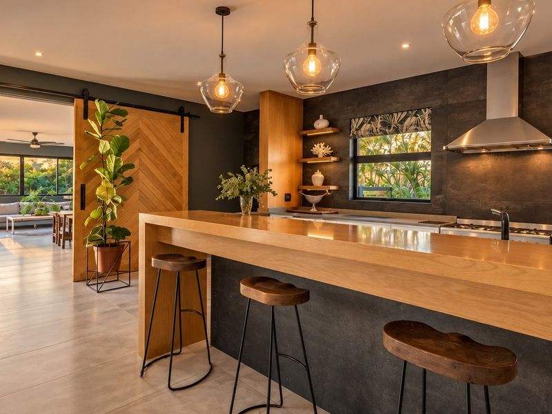 Modern open-plan kitchen featuring a large timber breakfast bar, sleek dark cabinetry, stainless steel extractor, and a stylish sliding barn door leading to the living area.