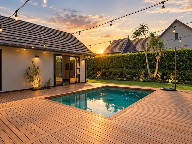A beautifully landscaped backyard featuring a modern swimming pool surrounded by extensive timber decking, perfect for outdoor entertaining at sunset.