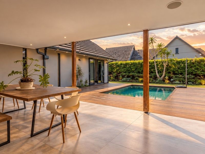 A spacious covered patio featuring tiled flooring, timber decking, and seamless access to a private swimming pool and landscaped garden.