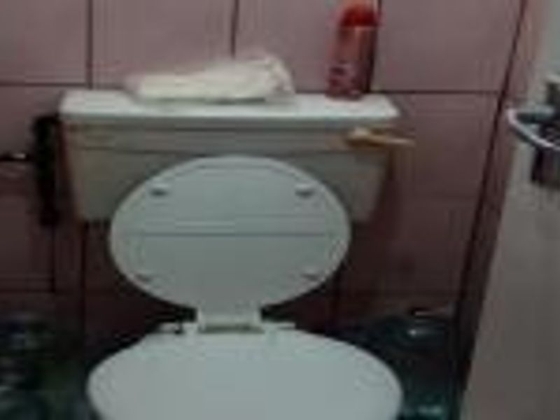 A small bathroom featuring a standard toilet and dated pink ceramic wall tiles.