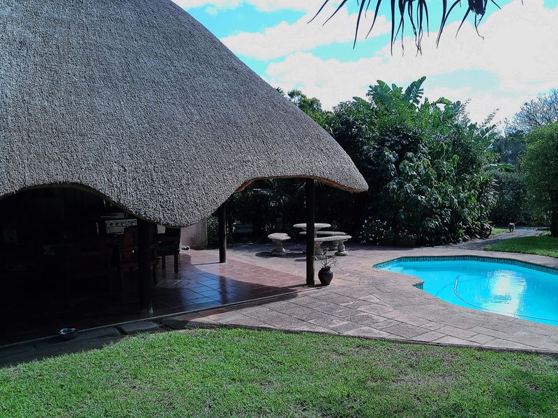 Outdoor entertainment area featuring a thatched roof patio, paved pool deck, and a swimming pool set within a landscaped garden.