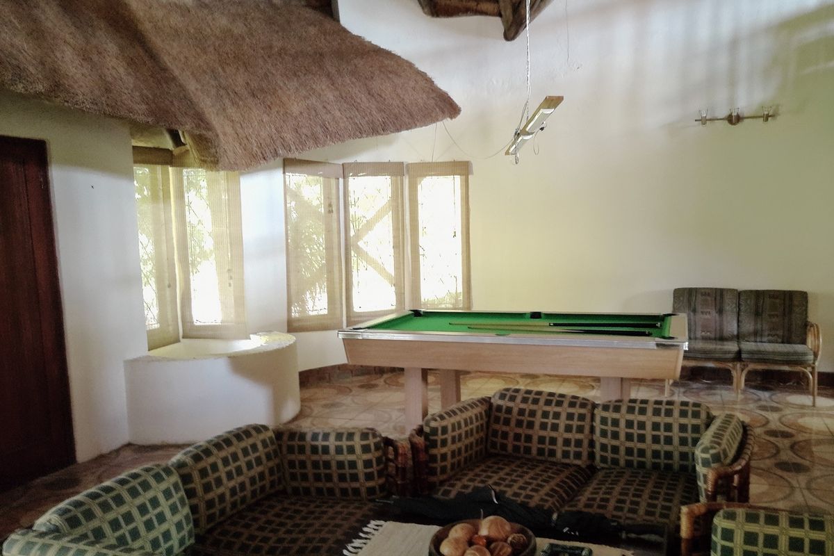 Spacious living area featuring a unique thatched roof, exposed timber beams, tiled flooring, and large bay windows providing natural light.
