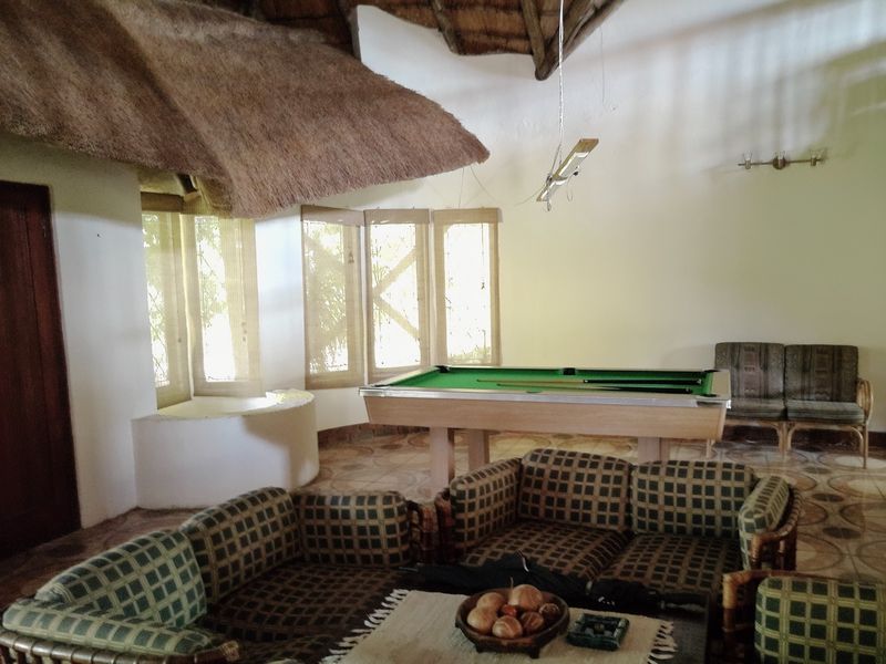 Spacious living area featuring a unique thatched roof, exposed timber beams, tiled flooring, and large bay windows providing natural light.