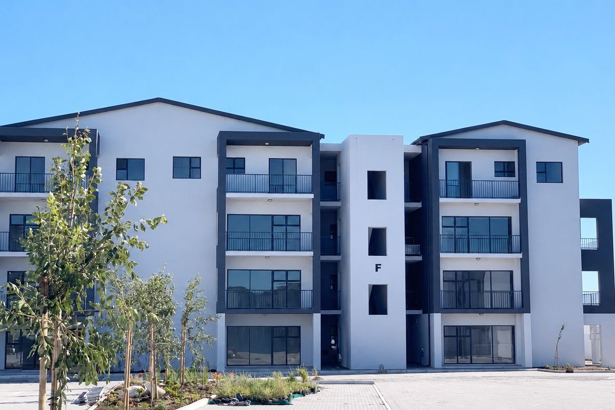 Modern multi-story townhouse complex featuring contemporary architecture, private balconies with metal railings, and paved exterior grounds.