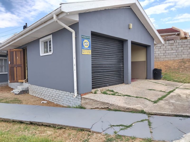 Exterior view of a double garage featuring a roller shutter door, concrete driveway, and painted brick exterior walls.