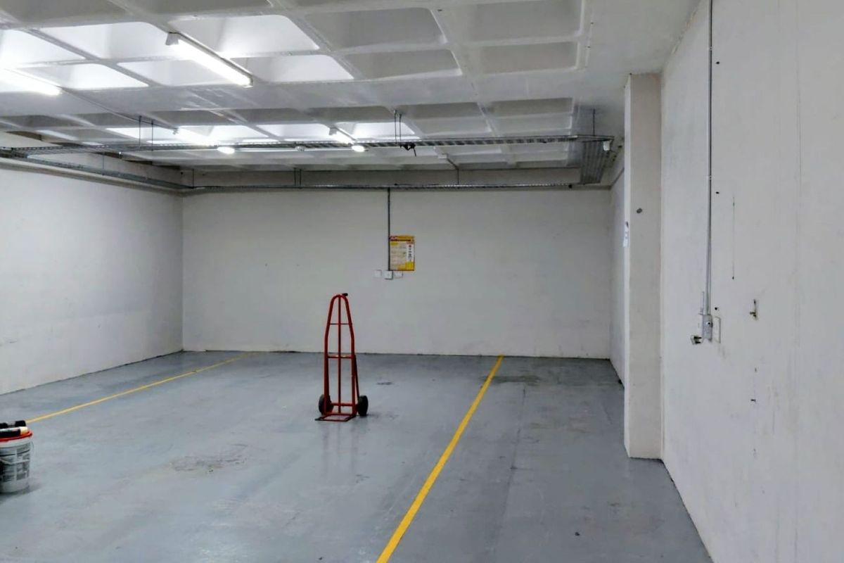 A spacious, empty industrial garage or storage area featuring a waffle slab ceiling, exposed electrical conduit, and painted concrete flooring with marked bays.