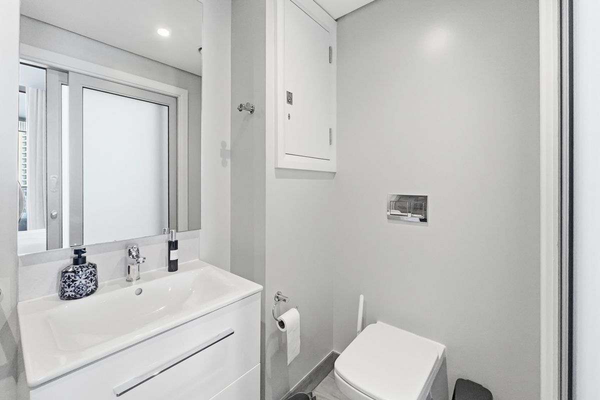 A modern, well-maintained bathroom featuring a wall-mounted toilet, sleek vanity cabinet with integrated basin, and a large wall mirror.