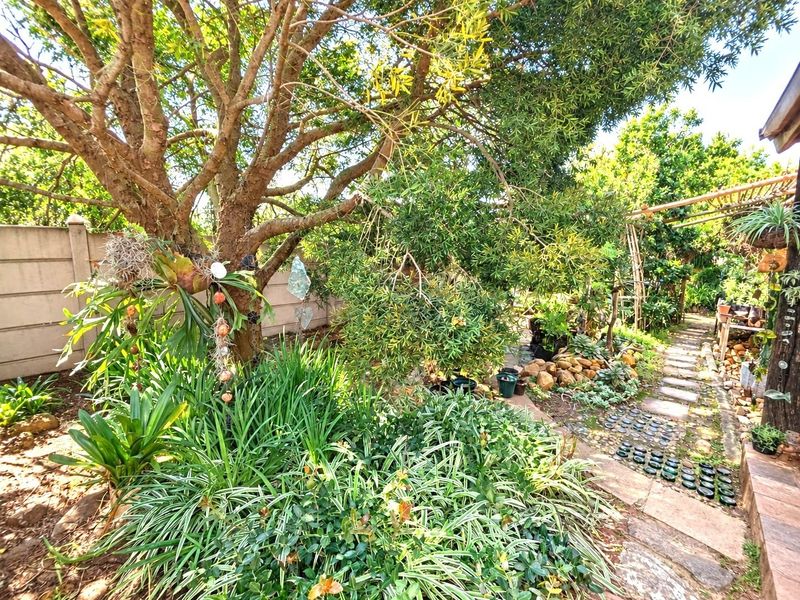 A lush, established garden featuring mature trees, landscaped planting beds, and a stone-paved pathway enclosed by a precast concrete boundary wall.