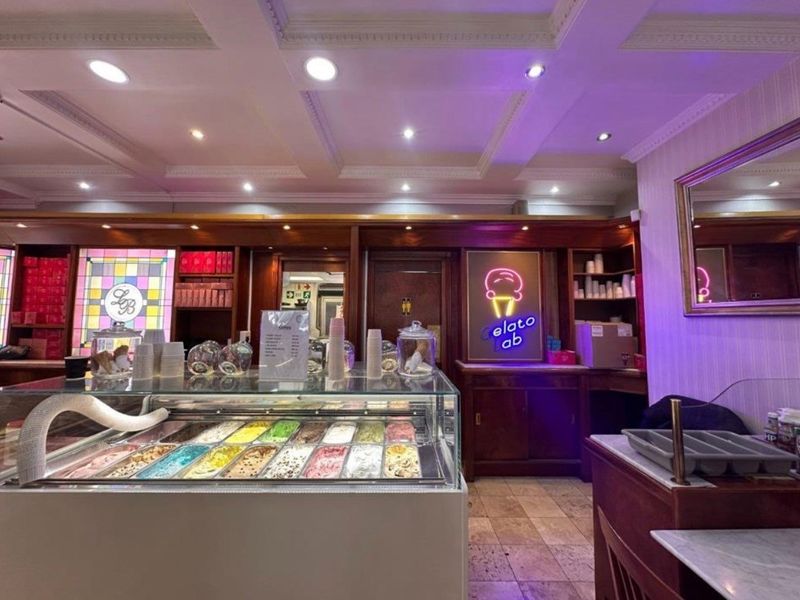 A well-maintained retail gelato service area featuring professional display counters, built-in cabinetry, and recessed ceiling lighting.