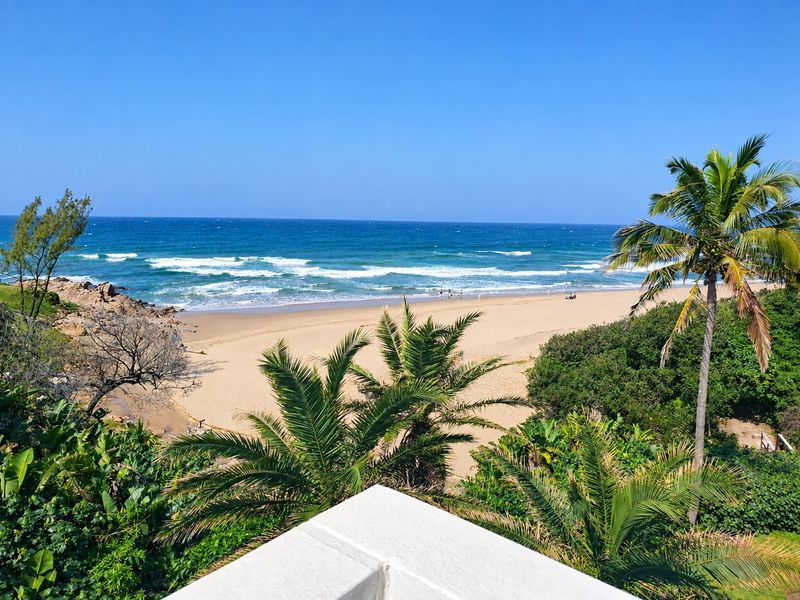 A scenic elevated view overlooking a sandy beach, ocean waves, and lush coastal vegetation.