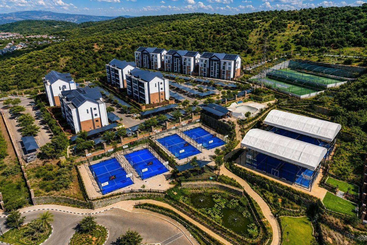 Aerial view of a modern residential apartment complex featuring extensive sports facilities including padel and tennis courts, a swimming pool, and landscaped gardens.