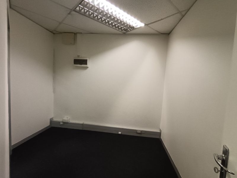A vacant, functional office space featuring a suspended ceiling, fluorescent lighting, and carpeted flooring, ready for immediate commercial use.