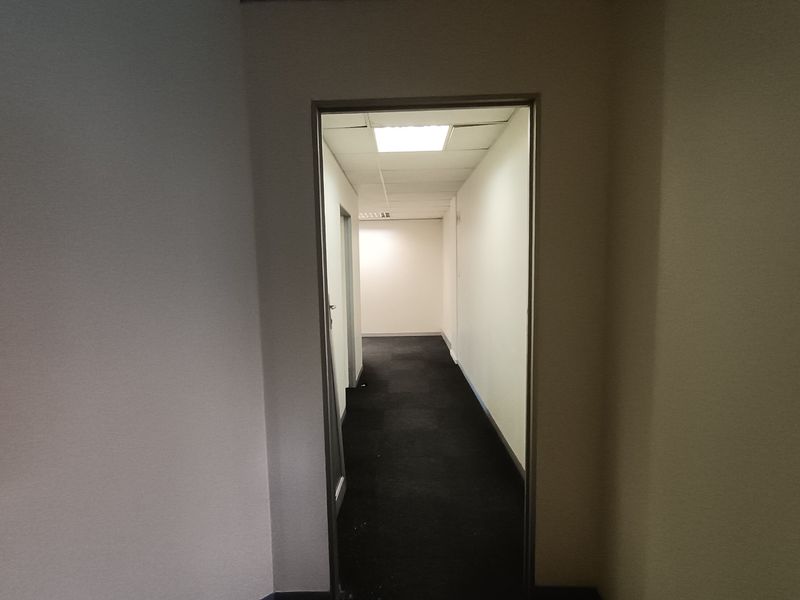 A functional office hallway featuring a suspended ceiling with recessed lighting and dark carpet flooring, providing access to adjacent office spaces.