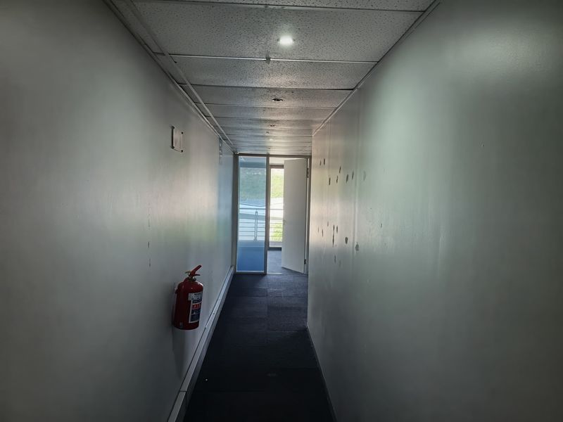 A functional office hallway featuring a suspended ceiling, recessed lighting, and carpeted flooring, leading to an exterior access point.