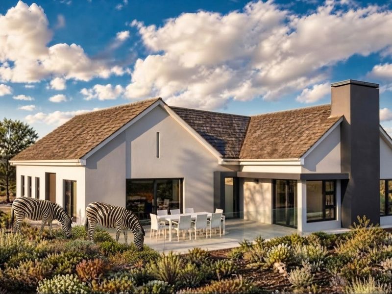 A modern rear elevation featuring a covered patio, glass balustrade, and a prominent chimney, set against a natural landscape.