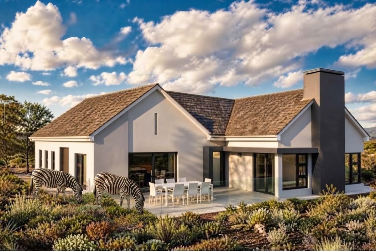 A modern rear elevation featuring a covered patio, glass balustrade, and a prominent chimney, set against a natural landscape.