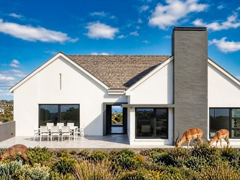 A modern rear facade featuring a spacious tiled patio, large chimney stack, and expansive windows overlooking a natural landscape.