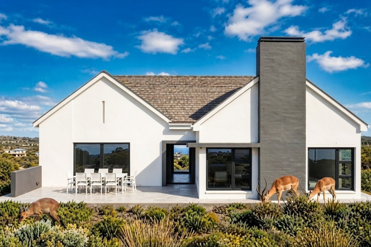 A modern rear facade featuring a spacious tiled patio, large chimney stack, and expansive windows overlooking a natural landscape.