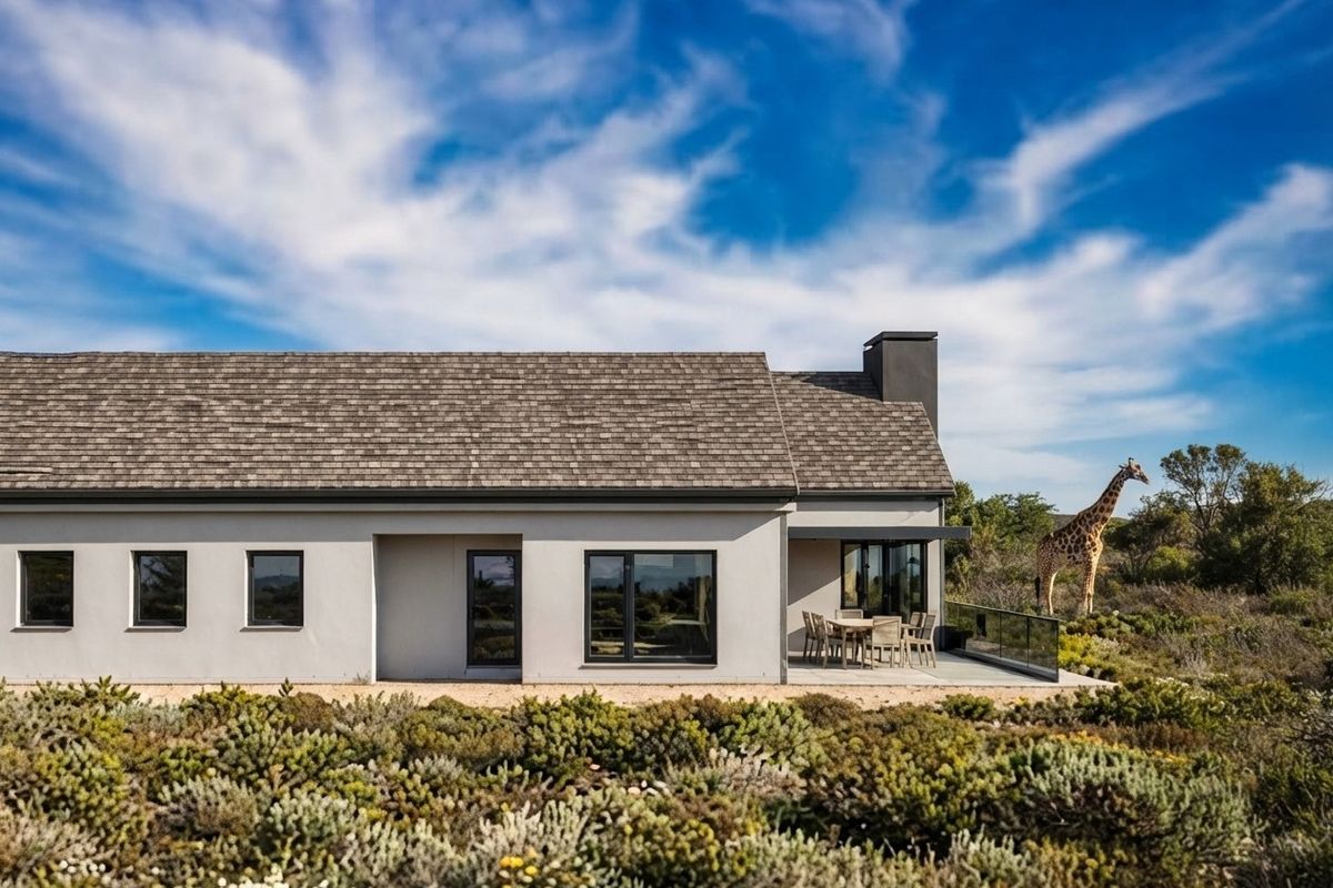 Rear view of a modern single-story home featuring a paved patio, glass balustrade, and a chimney, set against a natural landscape.