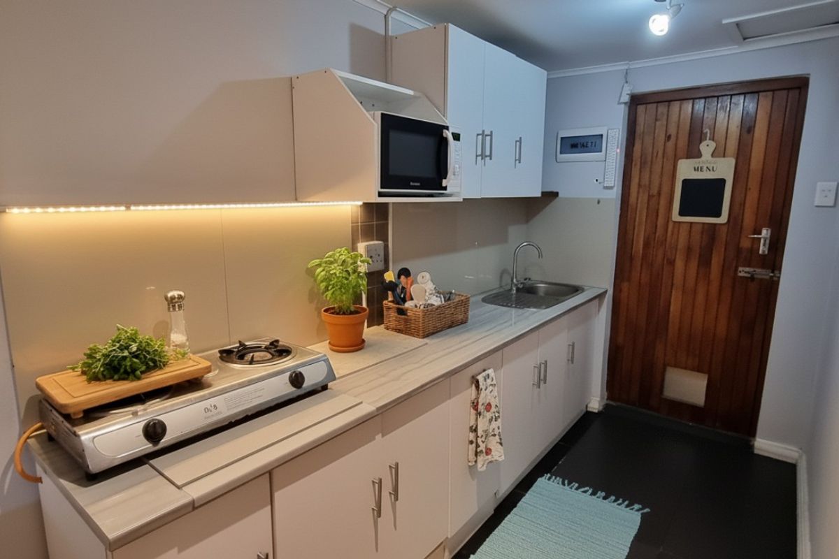 A compact kitchen featuring white cabinetry, a gas hob, built-in microwave, and a stainless steel sink, finished with a timber door.