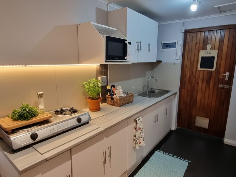A compact kitchen featuring white cabinetry, a gas hob, built-in microwave, and a stainless steel sink, finished with a timber door.