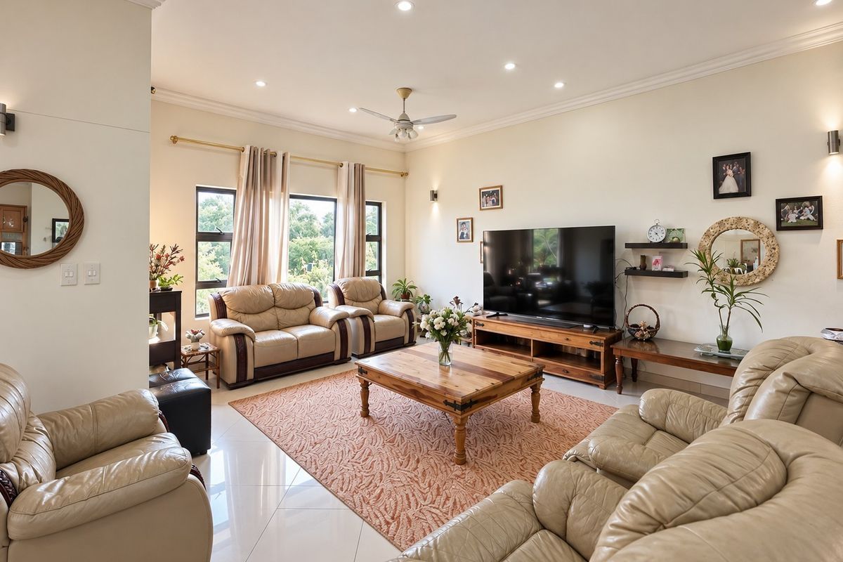 Spacious living room featuring tiled flooring, recessed downlights, and a ceiling fan, offering a comfortable and well-maintained area for relaxation.