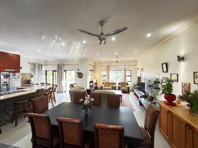 Spacious open-plan living area featuring a modern kitchen with a large island, dining space, and lounge area with access to outdoor views.