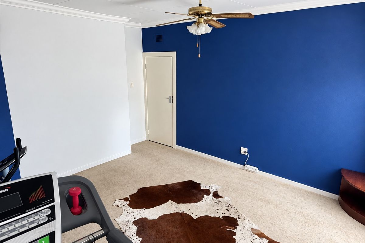 A bedroom featuring a ceiling fan, carpeted flooring, and a bold blue accent wall, offering a versatile space for rest or home activities.
