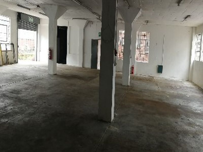 An open-plan office space featuring exposed concrete columns, industrial concrete flooring, and a roller shutter door, offering a versatile blank canvas for commercial use.