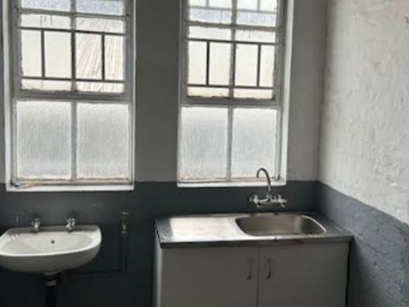 A functional utility space featuring a stainless steel sink with built-in cabinetry, a wall-mounted basin, and steel-framed windows with exposed brick walls.