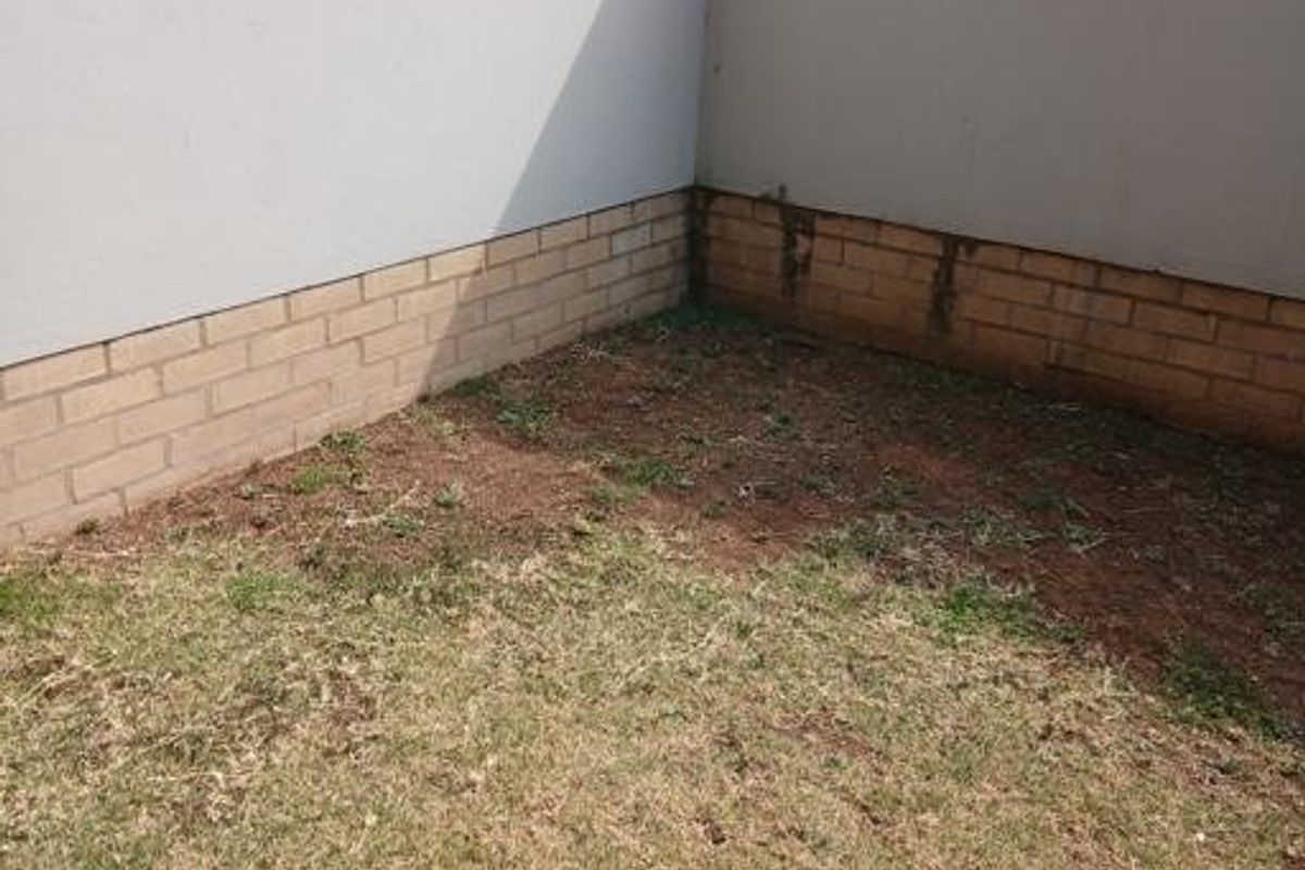 A small rear garden area featuring boundary walls with brick plinth detailing, currently requiring landscaping and maintenance.