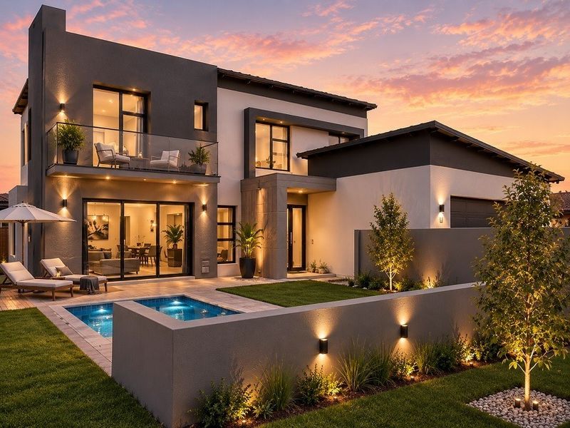 Modern double-story residence featuring a rear patio, swimming pool, landscaped garden, and a private balcony with glass balustrades at sunset.