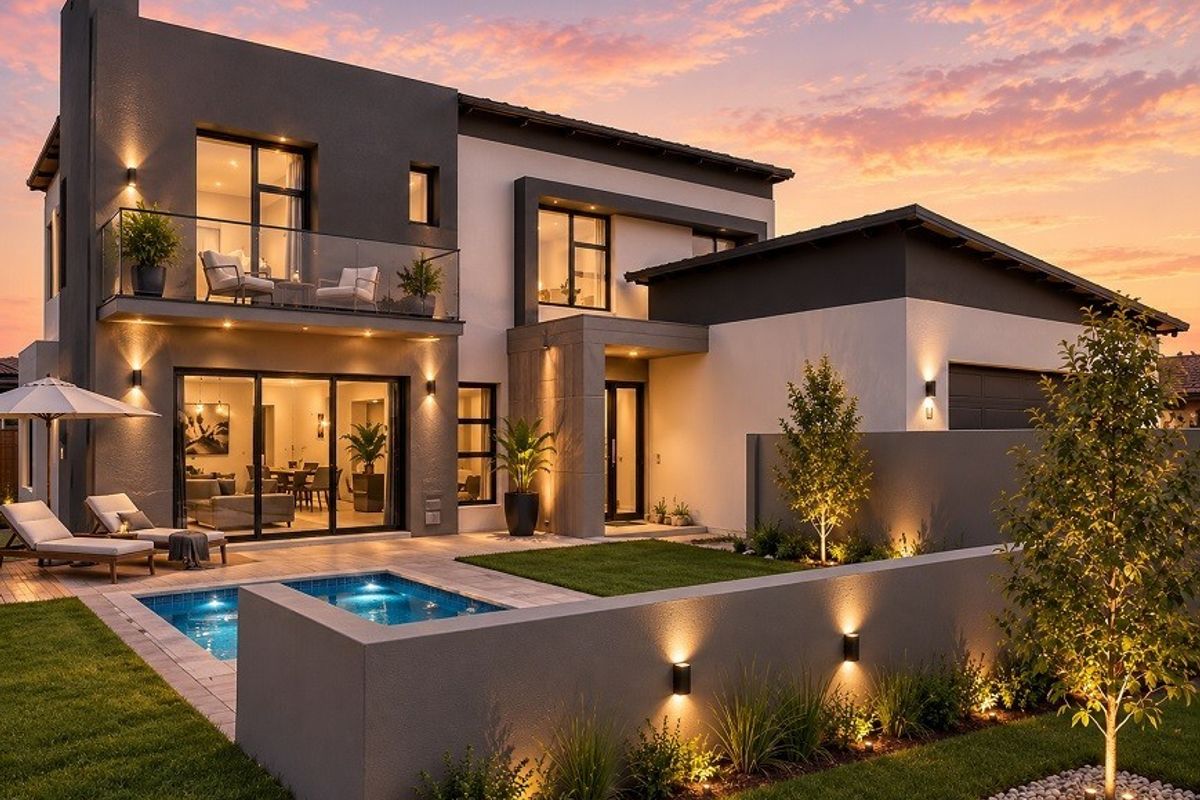 Modern double-story residence featuring a rear patio, swimming pool, landscaped garden, and a private balcony with glass balustrades at sunset.