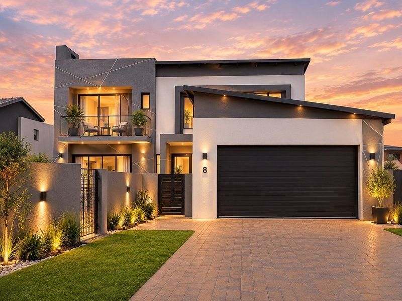 Modern double-story residential facade featuring a paved driveway, double garage, and an upper-level balcony with contemporary architectural lighting.