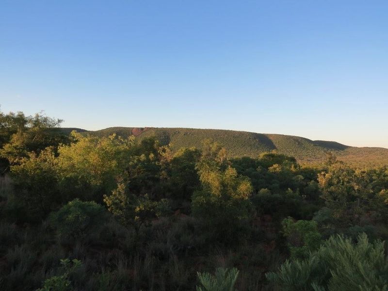 A scenic view of the natural landscape featuring rolling hills and native vegetation, showcasing the property's tranquil surroundings.