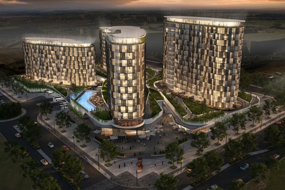 An aerial architectural rendering of a modern multi-tower apartment complex featuring integrated landscaping, a swimming pool, and a central pedestrian plaza.
