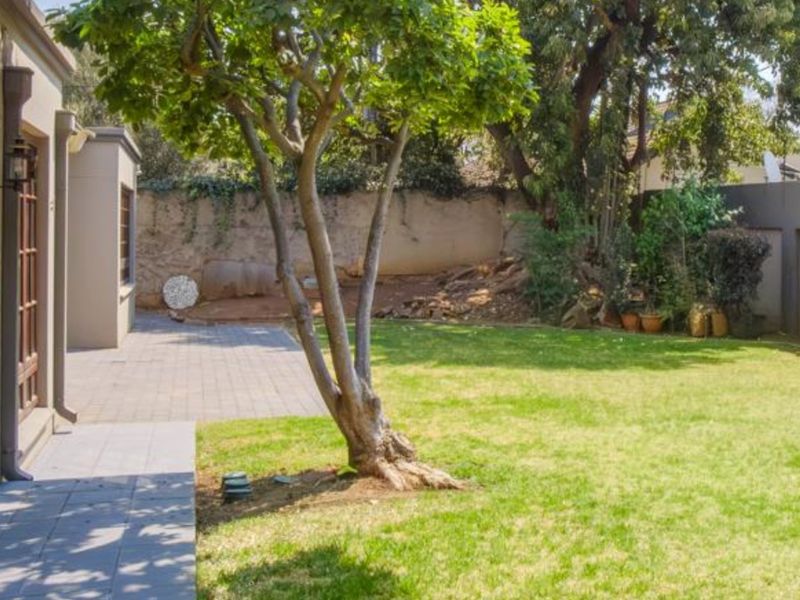 A private rear garden featuring a paved patio area, established tree, and perimeter boundary walls, accessible via timber-framed glass doors.