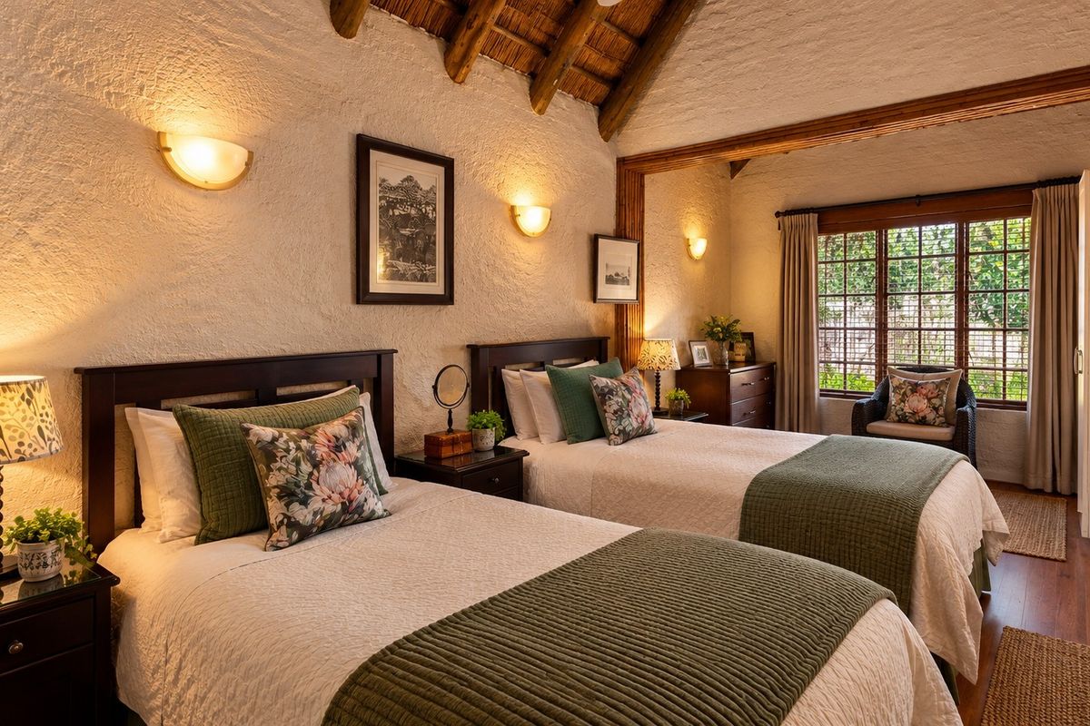 A cozy bedroom featuring textured walls, exposed timber ceiling beams, and a thatched roof finish, creating a warm and rustic atmosphere.